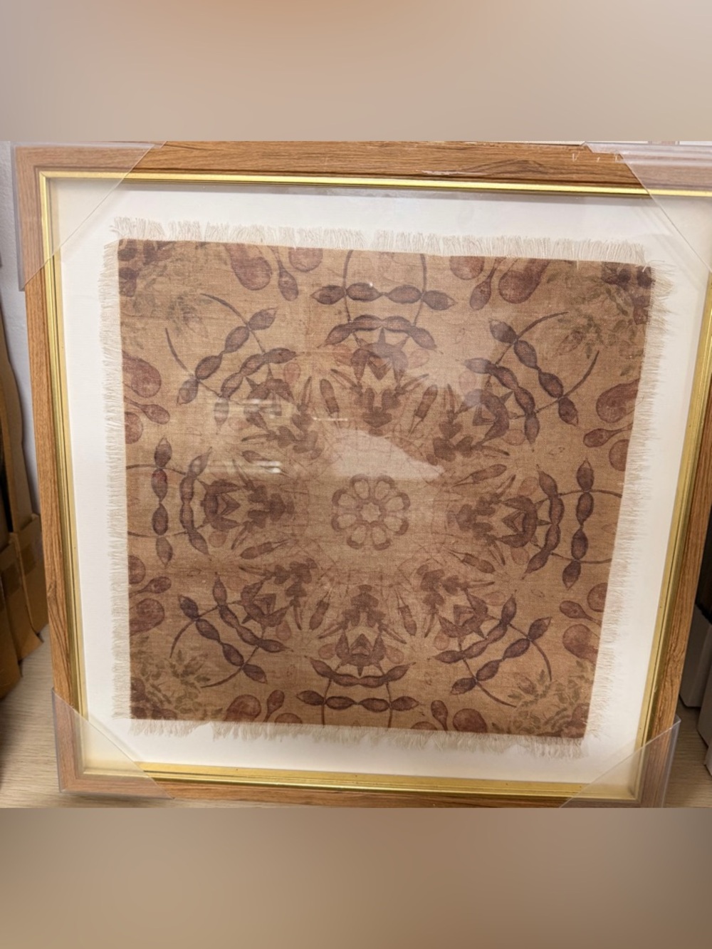 Framed Decorative Textile Tapestry Art with Radiant Mandala Pattern - Brown